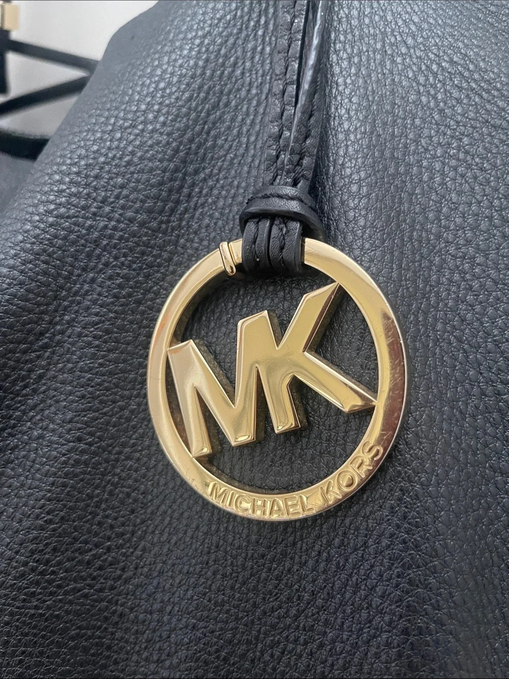 Michael Kors Large Slouchy Black Pebbled Leather Tote with Gold MK Pendant